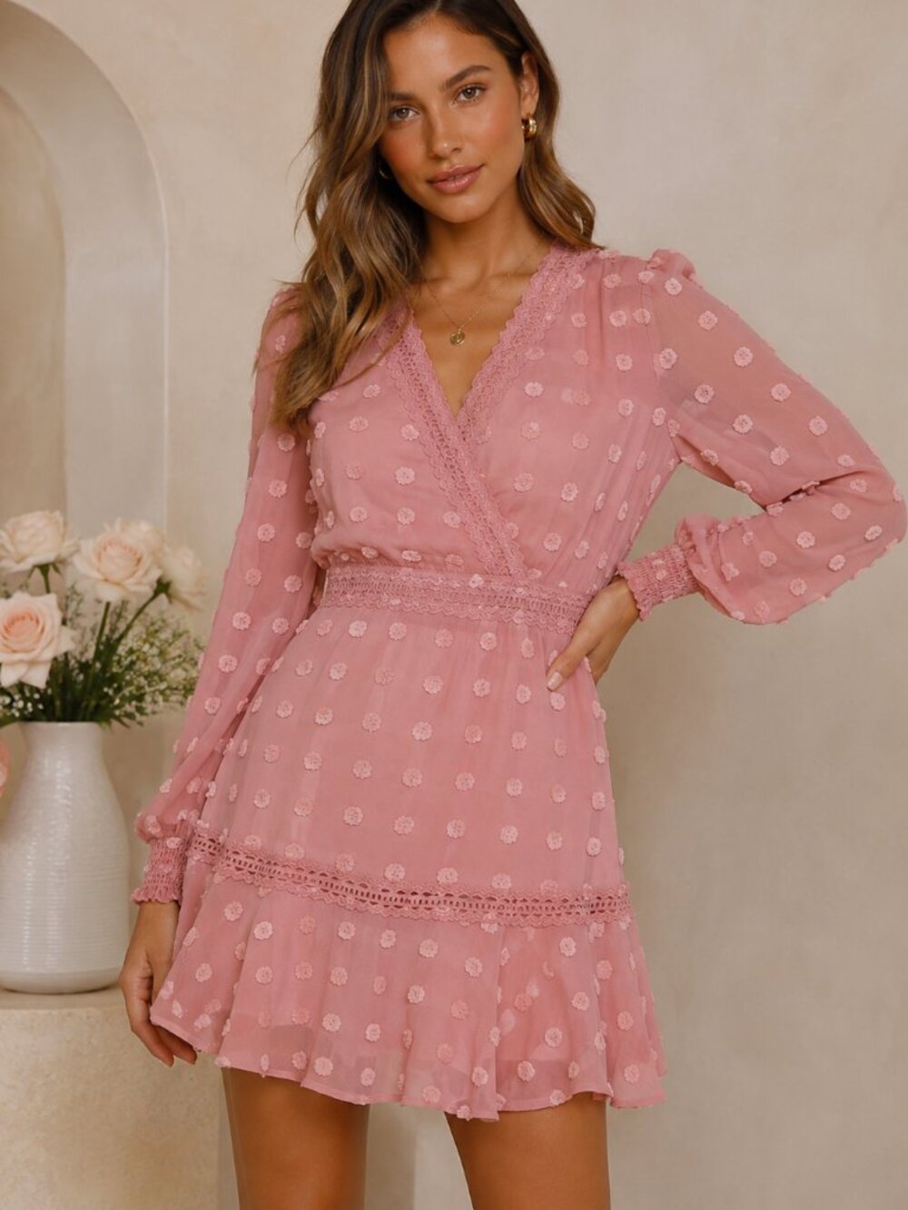 Lulus Pink Swiss Dot Lace Trim Long Sleeve Mini Dress Women's XS Romantic Boho